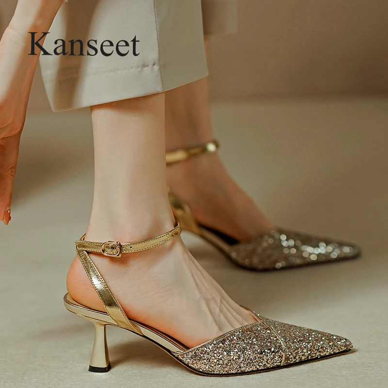 

Kanseet Fashion Thin High Heels Women Sandals New Summer Pointed Toe Handmade Buckle Strap Party Dress Lady Shoes 40 Champagne