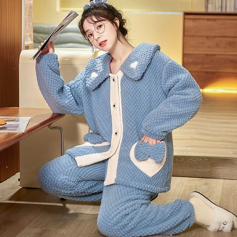 Women's Winter Coral Velvet Pajama Two-piece Korean Fashion Loose Warm Pijama Homewear Suit Female Cute Sleepwear Nightie Suit