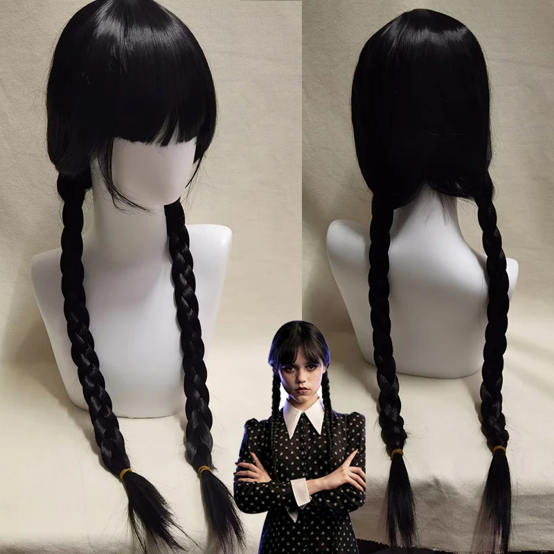 Cosplay Wig Addams Wednesday wig long braids black female wig cosplay Wednesday wig synthetic Halloween for women