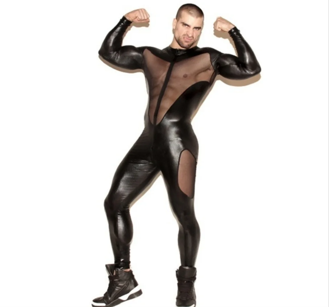 

Patent Leather Mens Sexy Long Sleeves Zipper Cosplay Costume Open Crotch Catsuit Zentai Jumpsuit Wear Pant Bodysuit Overalls