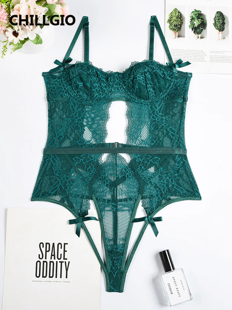 

CHILLGIO Women Lace Strappy Bodysuits Lingerie Sexy Elastic One Piece Combination Rompers Slim Bodycon Hollow Summer Bow Catsuit
