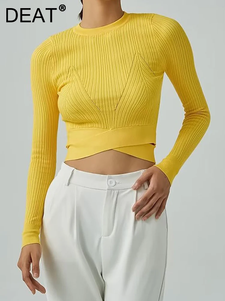 

DEAT Fashion Women's Knitted Pullover Round Neck Slim Solid Color Hem Gross Cut Out Long Sleeve Sweater Autumn 2023 New 17A4233