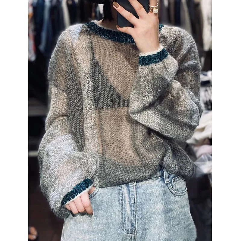 

Europe 2023 Autumn New Women's Sweater OL Commuter Versatile Solid Hollow Sexy Fashion Thin Mohai Sweater Slouchy Style Color Co