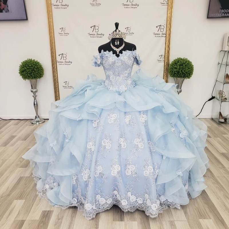 

Light Blue Shiny Quinceanera Dresses Applique Lace Beads Tulle Tiered Off Shoulder Brithday Dance Party Sweet 16 Dress Vestido