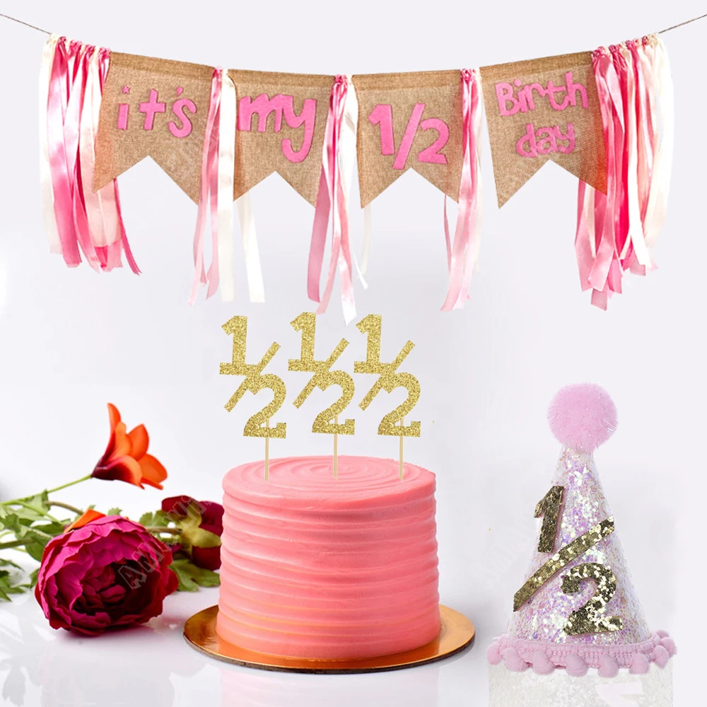 

Half Birthday Decorations Set 1/2 Birthday Banner Half Birthday Crown and Cake Topper for Baby Shower Boy Girl Party Decorative