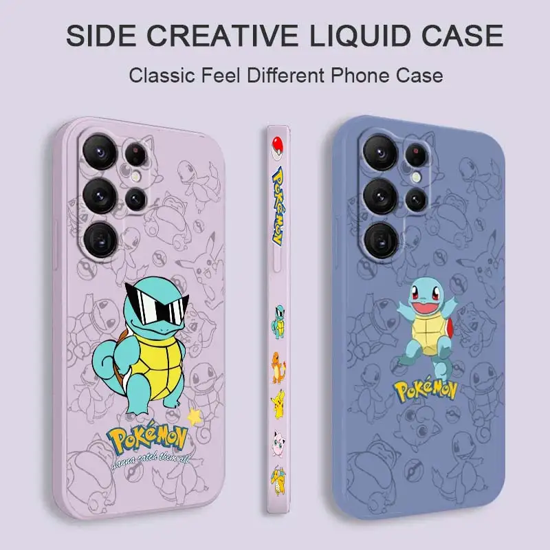 

Anime Pokemon Squirtle Cute Phone Case For Samsung Galaxy S23 S22 S21 S20 FE S10 Ultra Plus Lite 5G Liquid Left Rope Cover