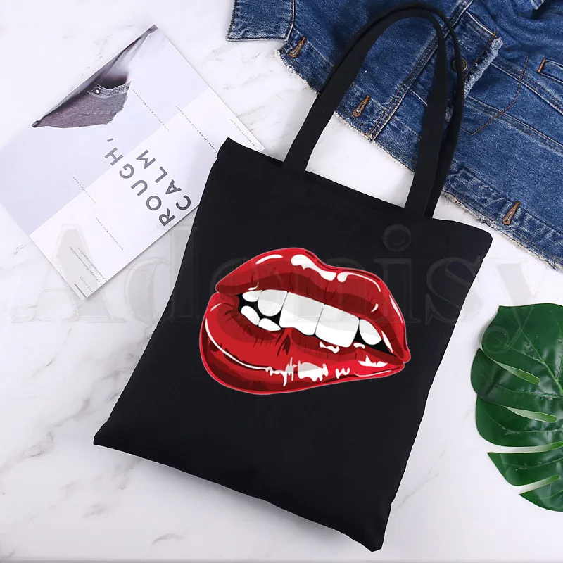 

Lips Graphic Kiss Lip Sexy Girl Mouse Ladies Handbags Canvas Tote Bag Black Shopping Eco Shoulder Shopper Bags Bolsas De Tela
