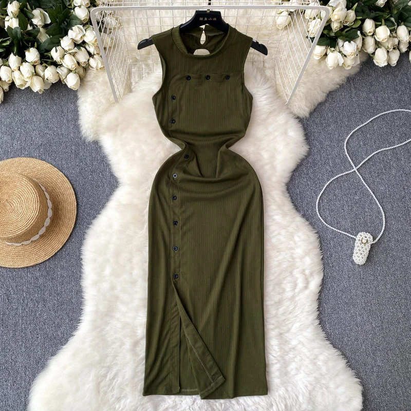 

Летнее шикарное женское платье Foamlina 2023, однотонное облегающее платье средней длины без рукавов с круглым вырезом и пуговицами, с разрезом н...