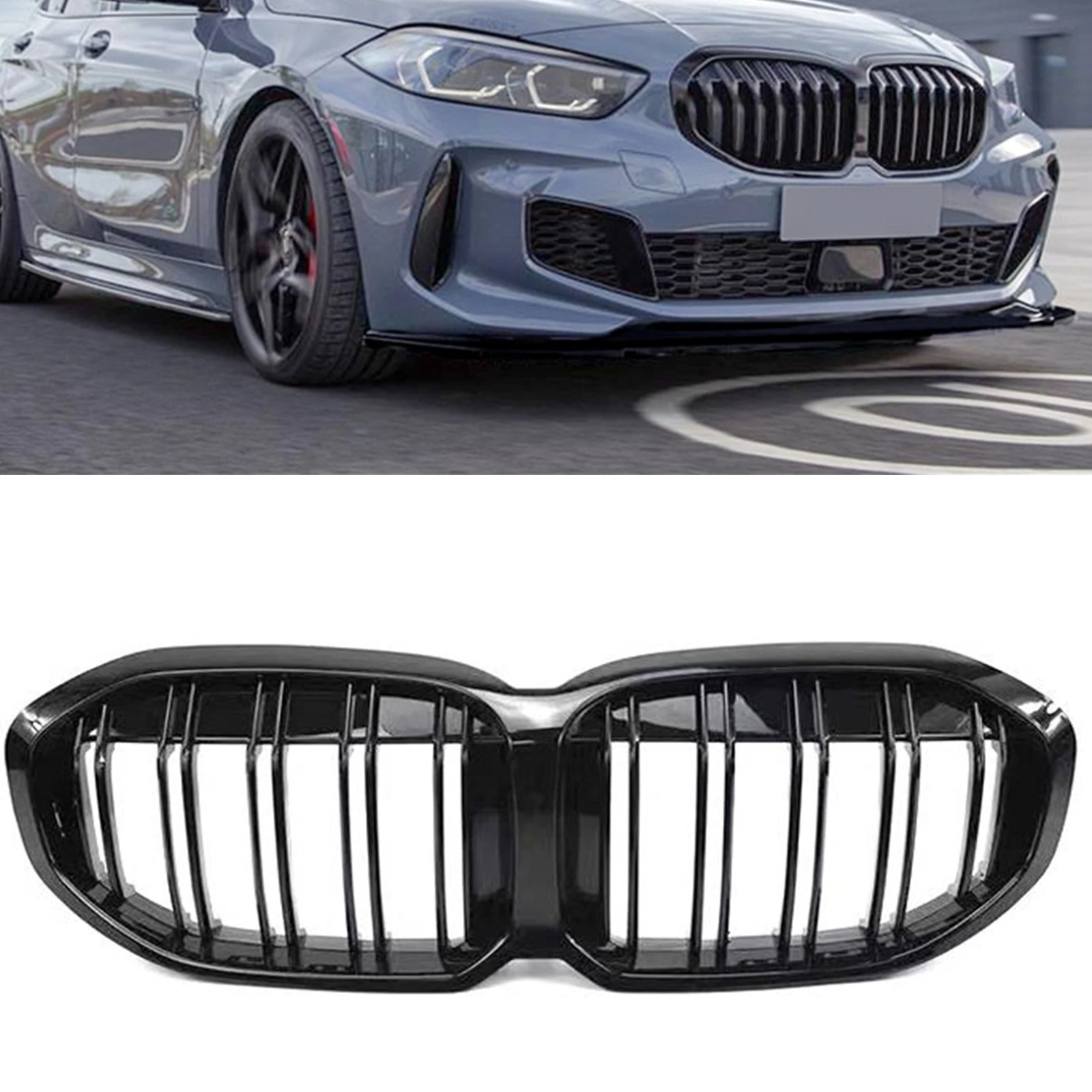 

Передняя решетка для радиатора для BMW, новая серия 1, F40, 2019, 2020, 2021, 2022, черная, двойная линия, стиль верхнего бампера, флейта