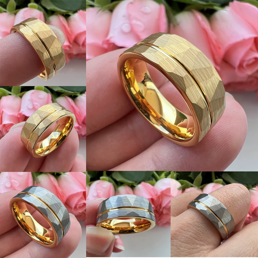 

Unique Jewel 8mm Dropshiping Wholesale Brushed Fashion Hammered Gold Tungsten Engagement Ring Wedding Band with Offset Line