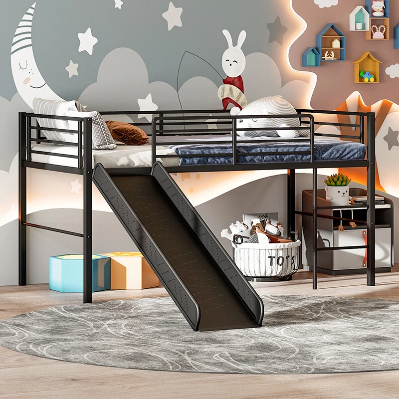 S Twin Metal Loft Bed With Slide With Safety Guardrails And Built-in Ladder Bedroom Furniture