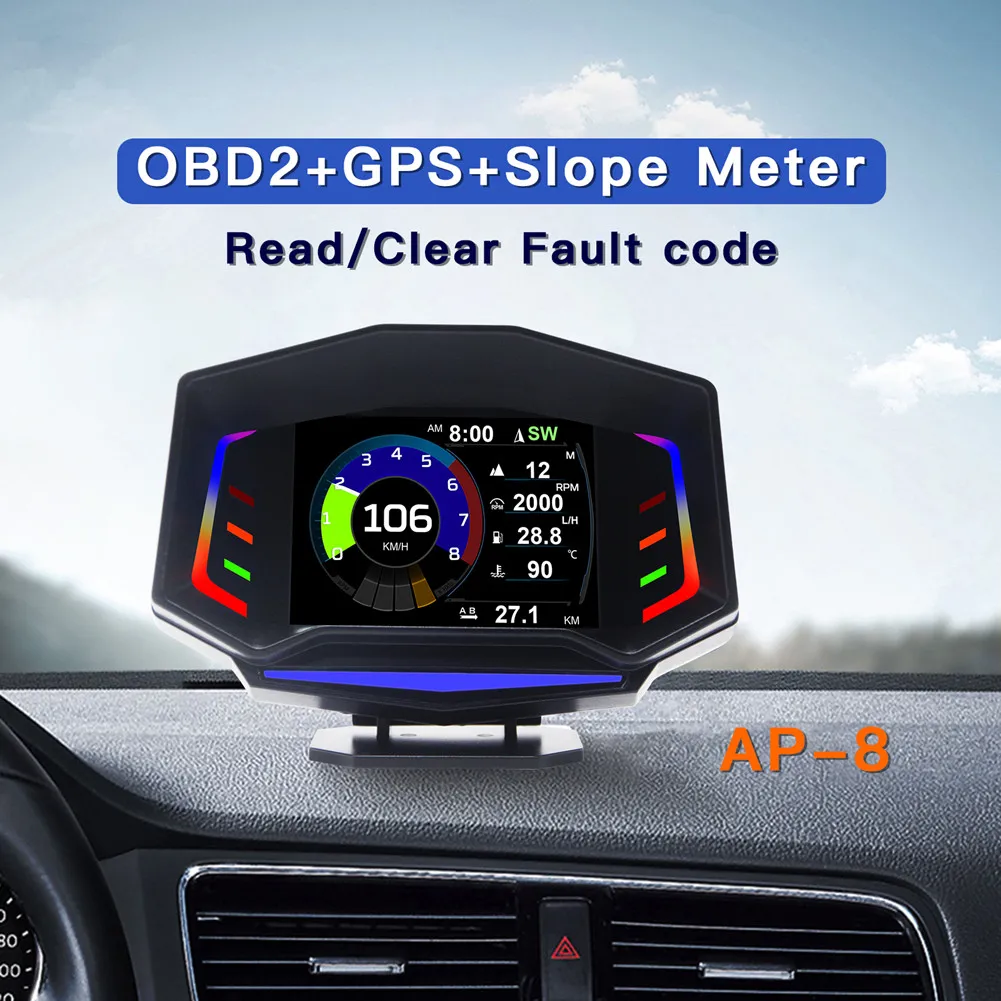 

2022 New Car HUD OBD2+GPS+Slope Meter Smart Gauge OBD2 Meter With Ambient Light Car Electronics Accessories Head-up Display