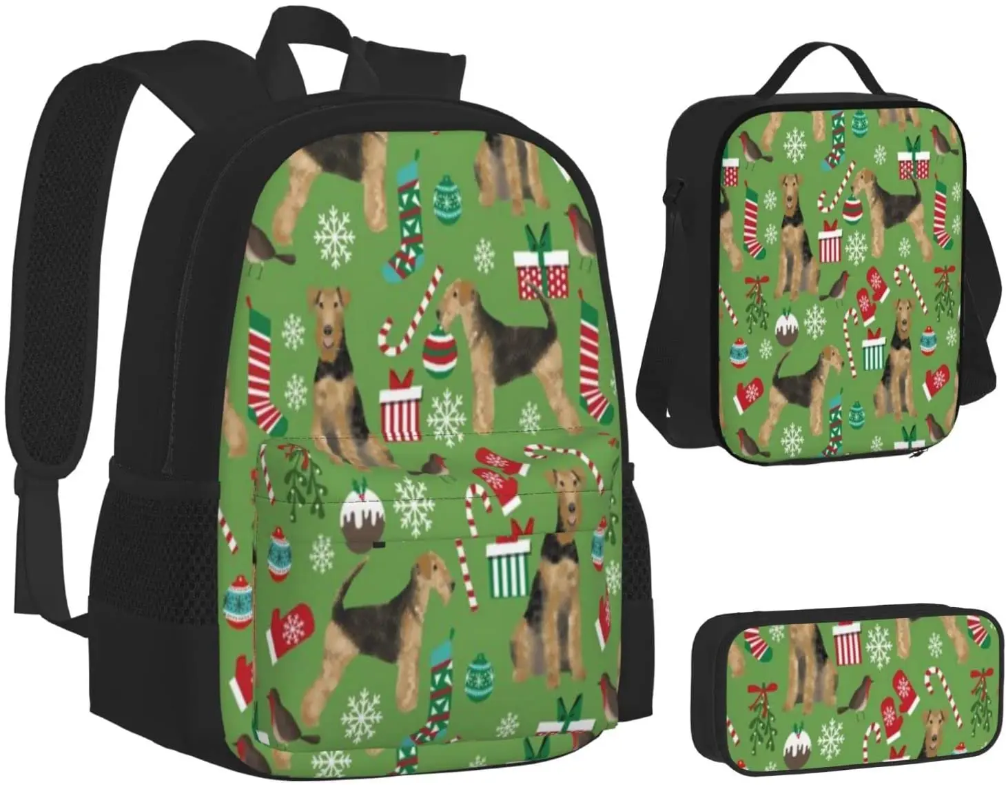 Kids School Backpack Christmas Dog Schoolbag Travel Bag Casual Daypack Lunch Bag Pencil Case for Boys Teens Girls 3pcs Sets