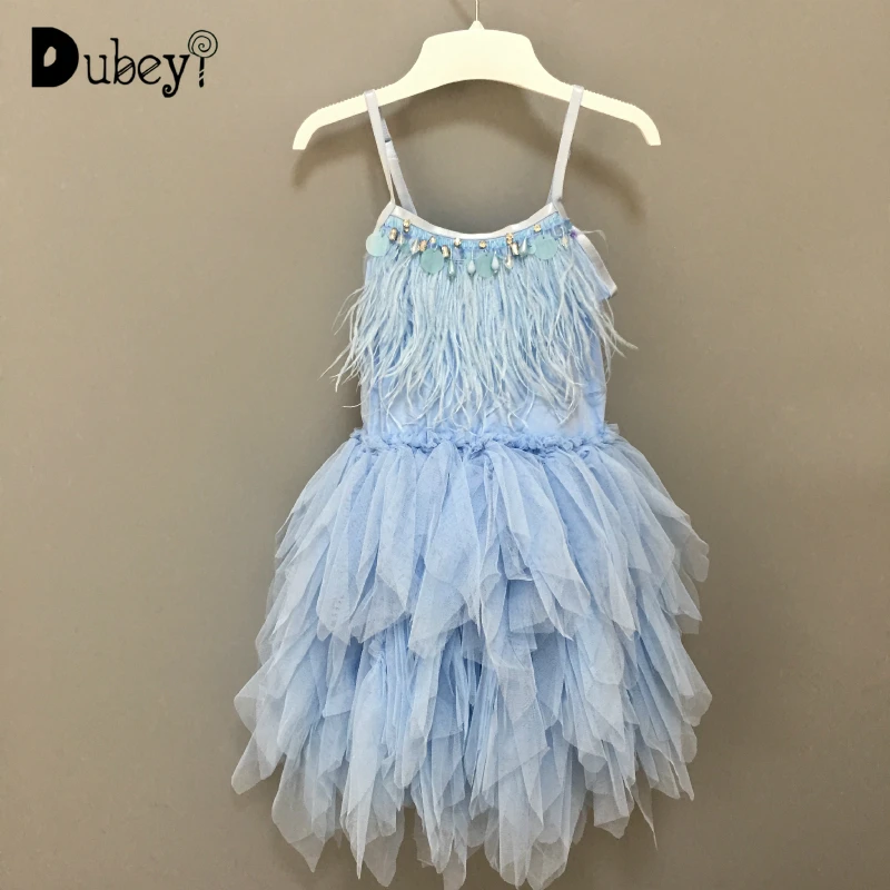 Платье с подтяжками и перьями для девочек бутиковое платье бисером блестками