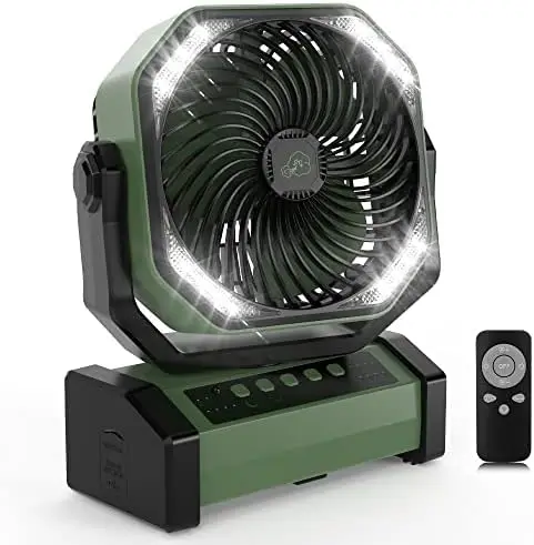 

Camping Fan with LED Light, Auto-Oscillating Desk Fan with Remote & Hook, Rechargeable Battery Operated Tent Fan, 4 Powerful