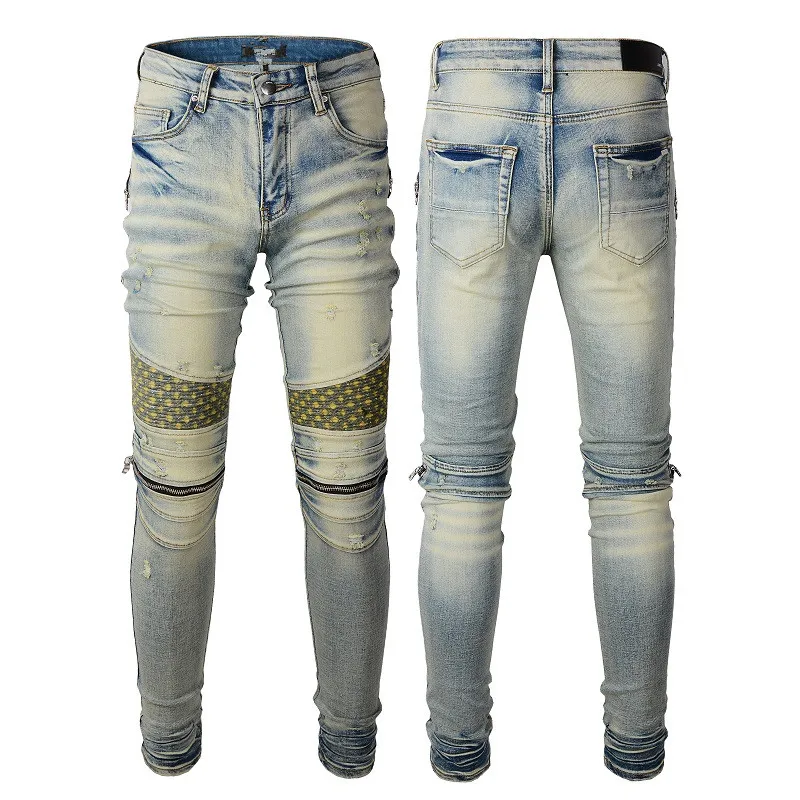 

Hot Sale Biker Ripped Jean Hole Jean High Street Stacked Jean Ripped Patchwork Jeans Men Black Stretch Jean Motorcycle Pant