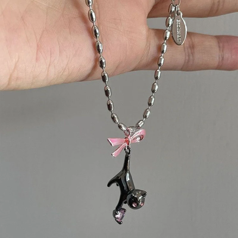 

Pink Bow Rhinestone Necklace Women Y2K Sweet Black Cat Love Zircon Pendant Chain Creative Temperament Collar Jewelry Gifts