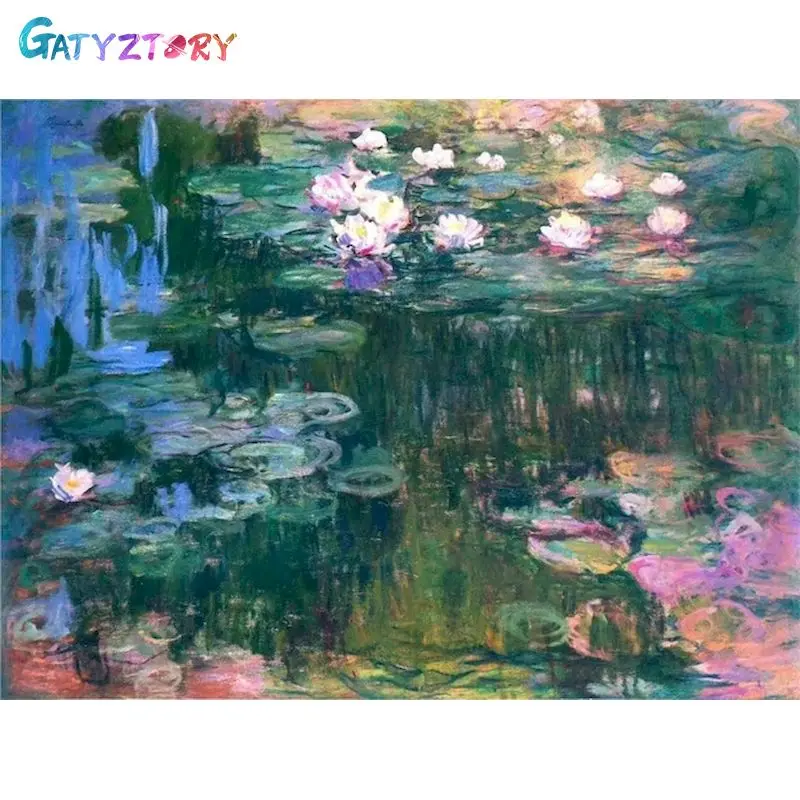 

GATYZTORY Coloring By Number lotus pond Kits For Adults Handpainted DIY Oil Painting By Number Flower On Canvas Home Decor