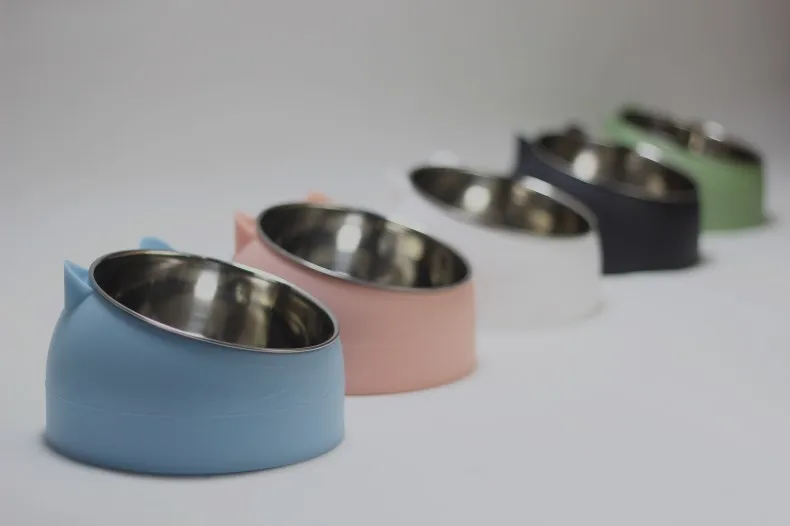 

15 Degrees Raised Stainless Steel Non Slip Puppy Cat Dog Bowl Base Cat Food Drinking Water Feeder Tilt Safeguard Neck Pet Bowl