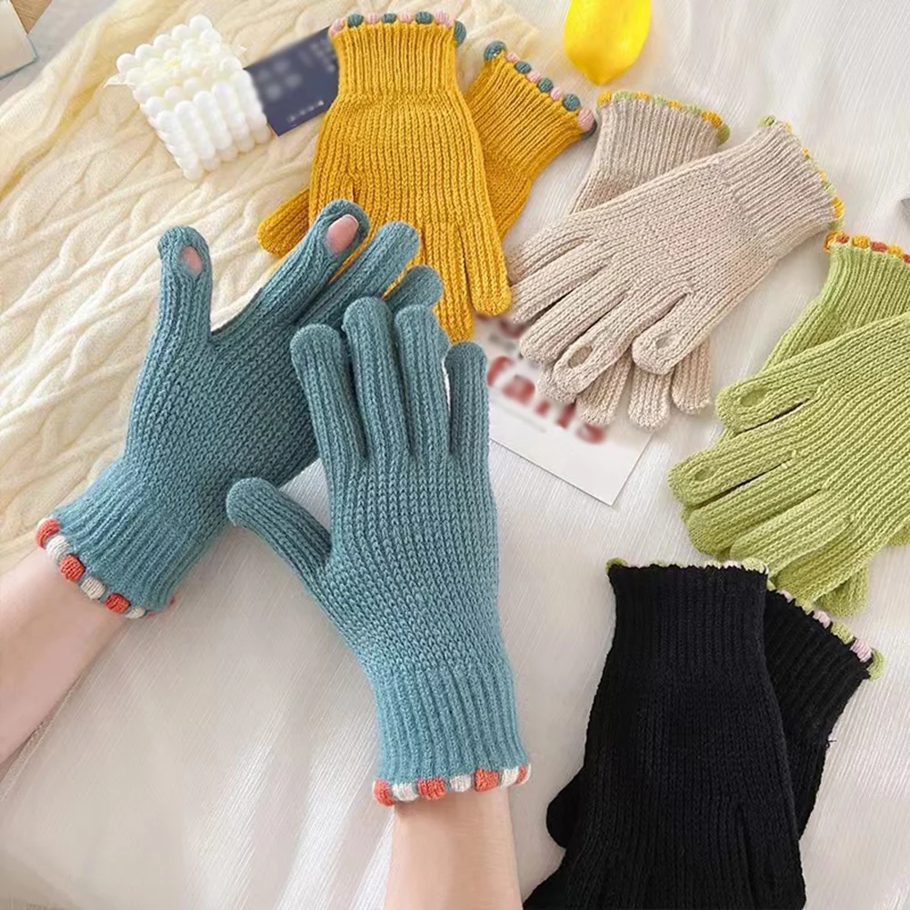 

Однотонные вязаные шерстяные перчатки, женские зимние теплые плотные перчатки с разрезом на пальцах для сенсорных экранов для студентов и верховой езды