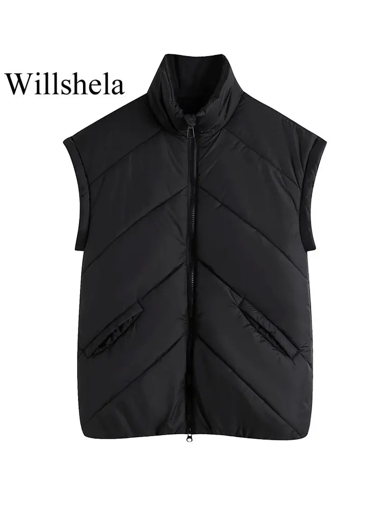 

Willshela Women Fashion Solid Loose Front Zipper Vest Vintage High Neck Sleeveless Jacket Chic Lady Warm Waistcoat Outfits