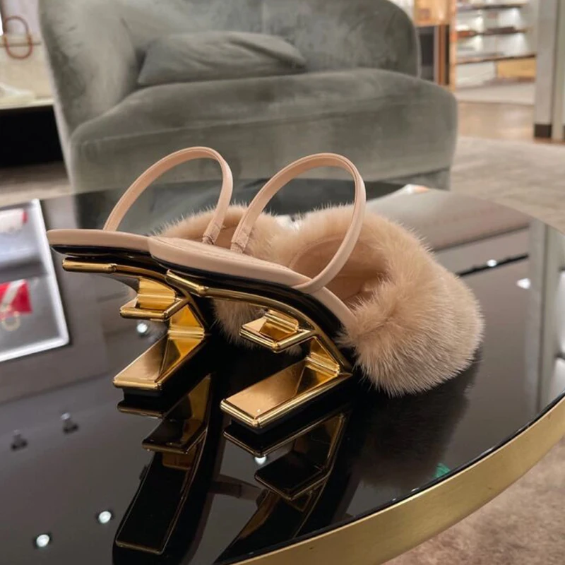 Fashion Women Fur Slippers Sexy Peep Toe Gladiator Sandals Dress Pumps Summer Letter Strange Heel Mules High Heel Wedge Shoes