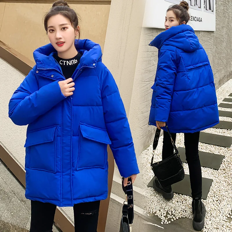 

Autumn Winter Outwear Thicken Warm Medium Long Chic Parka Women Casual Sweety Solid Color Big Pocket Loose Hooded Coat Jackets