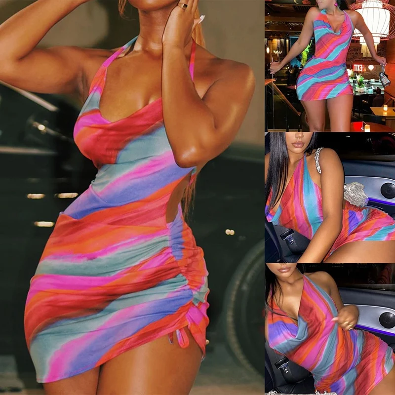 

Women's New Sexy Party Pool Rainbow Smock Halter Halter Dress Flower Color