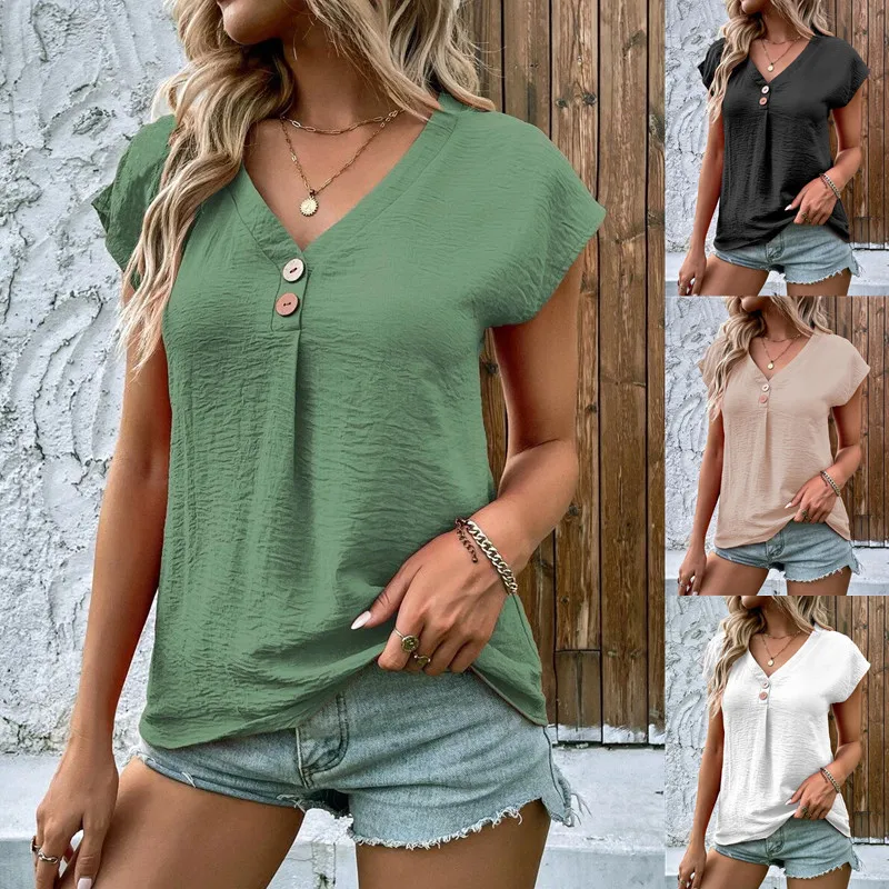 

2023 Summer Women's European and American Top Solid Twist Button Fashion Short Sleeve Women's T-shirt Shirt V-Neck Crease