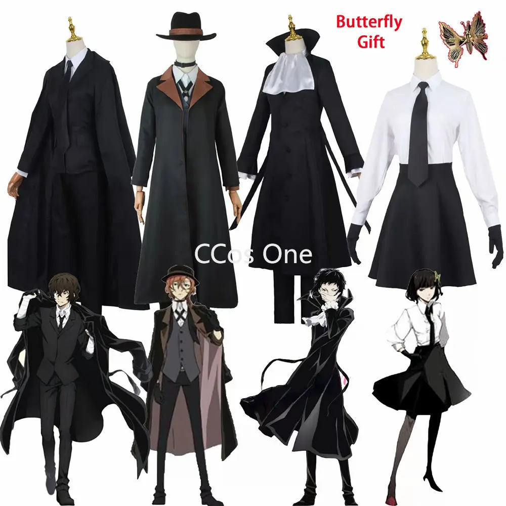 

Kostum Anime Bungo Stray Dogs Cosplay Chuya Nakahara Dazai Osamu Akiko Yosano Butterfly Jaket Topi Setelan Seragam Wanita Pria