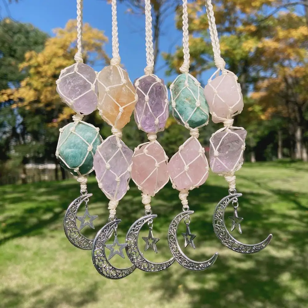 

Hanging Car Charm Quartz Dangling Moon & Healing Crystal Accessories Rearview Mirror Decorations Outdoor Garden Pendant Decor