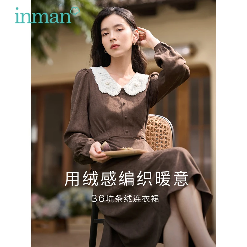 INMAN Women Dress 2023 Autumn Long Sleeves Embroidered Woven Doll Collar A-shaped Slim Waist Retro Literature Coffee Blue Skirt