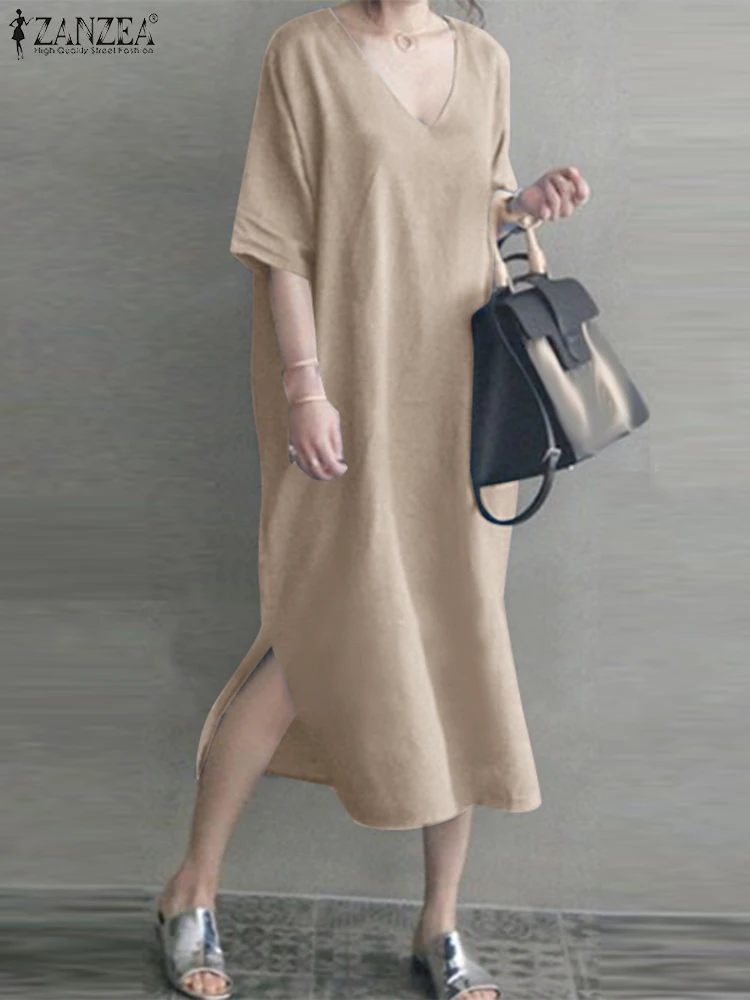 

2023 ZANZEA Summer Women Dress Fashion Solid Split Hem Sundress Robe Femme Casual V Neck Half Sleeve Holiday Mid-calf Vestido