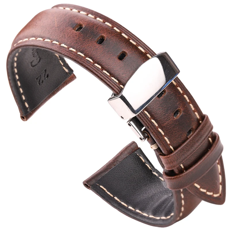 

Smooth Cow Leather Watch Strap Bracelet Dark Brown Black Women Men Soft Watchband With Metal Butterfly Deployment Clasp