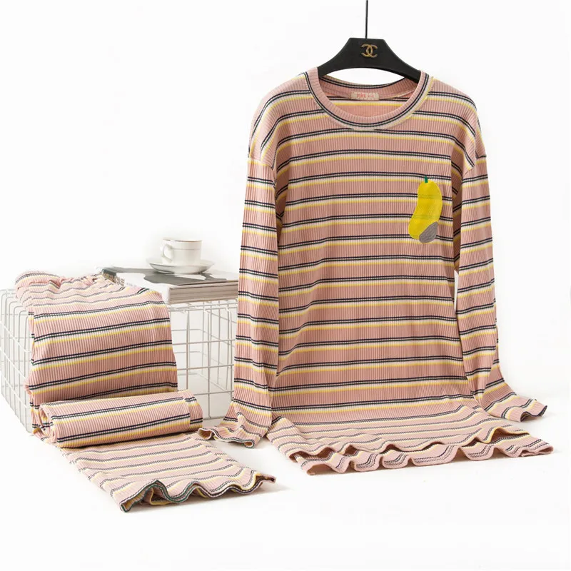 Simple Striped Fruit Pajamas Women's Spring Autumn Cotton Long Sleeve Pant Suit Korean Loose  Home Clothes Female Sleeping Set