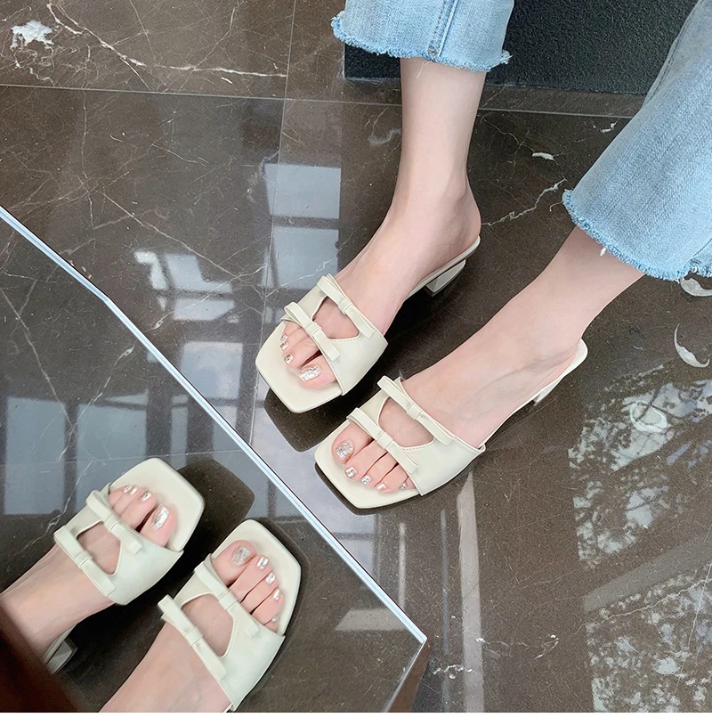 2023 Summer New Brand Women Slippers Fashion Bowtie Slip on Sandals Low Square Heel Outdoor Casual Beach Slides Shoes Flip Flops