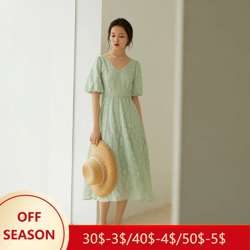 

FSLE Office Lady V-neck Chiffon Long Green Dress Women Summer 2021 New Texture Casual A-line Long Skirt Dresses For Women