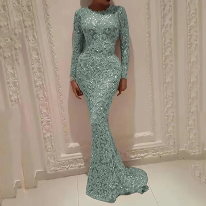 2022 New European and American Spring Elegant Women's Luxury Evening Hot Stamping Long Sleeve Slim Sexy Long Dress Evening Dress