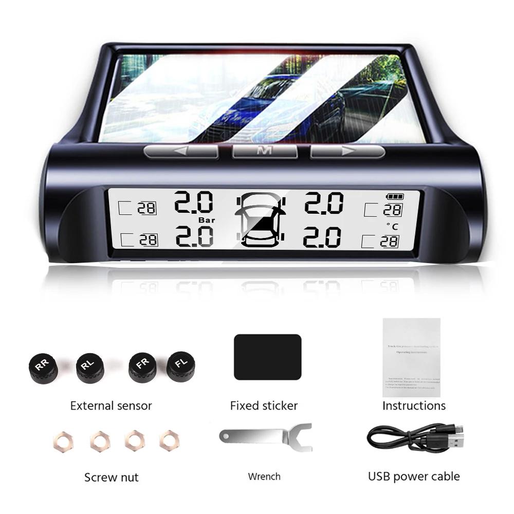 

Солнечная сигнализация давления в автомобильных шинах TPMS, цифровой цветной дисплей, 4 внешних датчика, водонепроницаемая, давление температуры в шинах, предупреждение