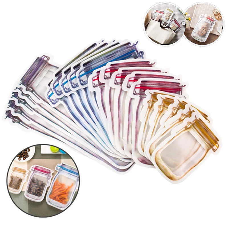 

Reusable Mason Jar Bottles Ziplock Bags Waterproof Food Storage Bag for Snacks Nuts Candy Biscuit Cookies Bags Kitchen Organizer