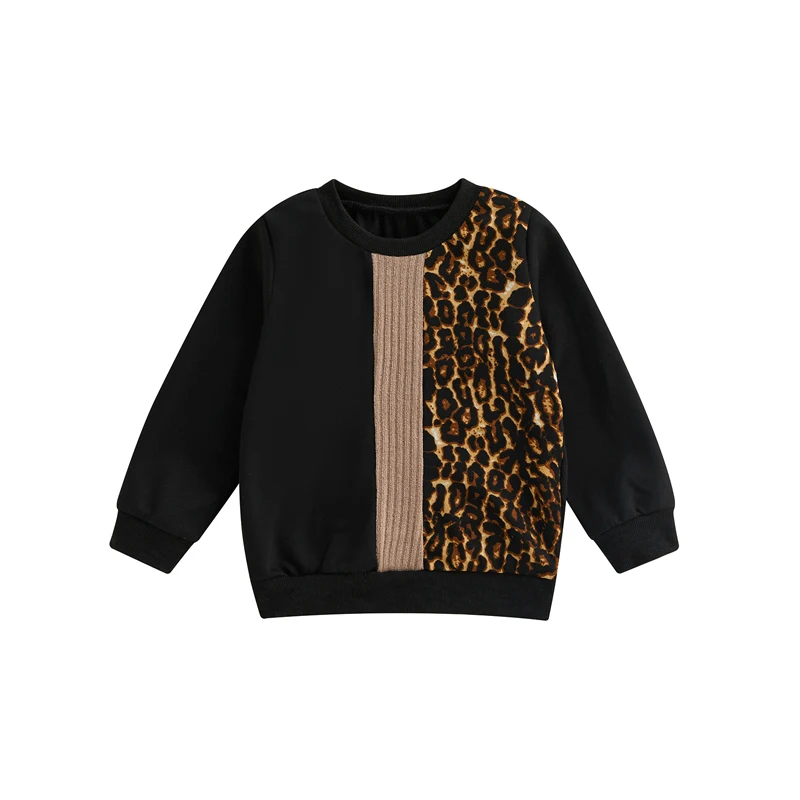 

Toddler Kids Girls Sweatshirts Leopard Ribbed Patchwork Round Neck Long Sleeve Hoodies Autumn Winter Casual Pullovers