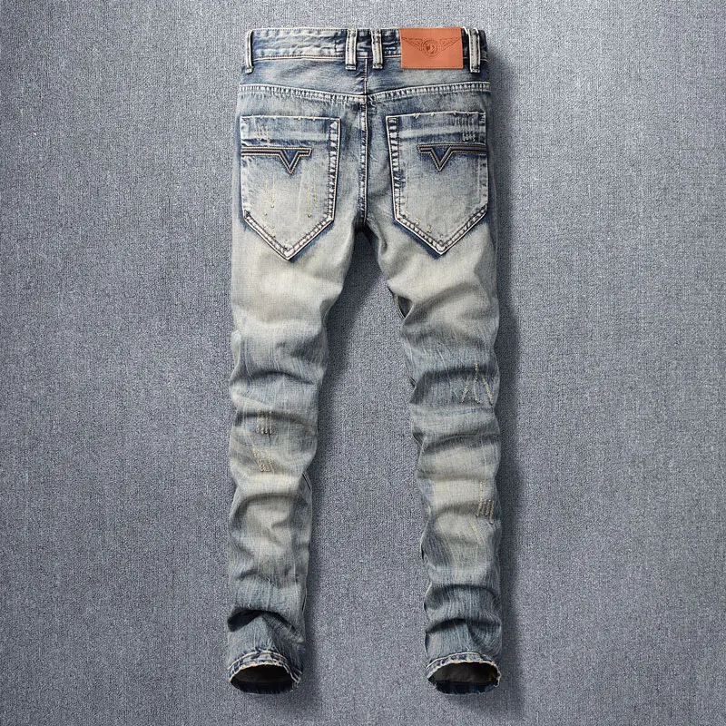 Newly Designer Fashion Men Jeans Retro Washed Slim Fit Ripped Jeans Men Distressed Patched Trousers Vintage Denim Pants Hombre