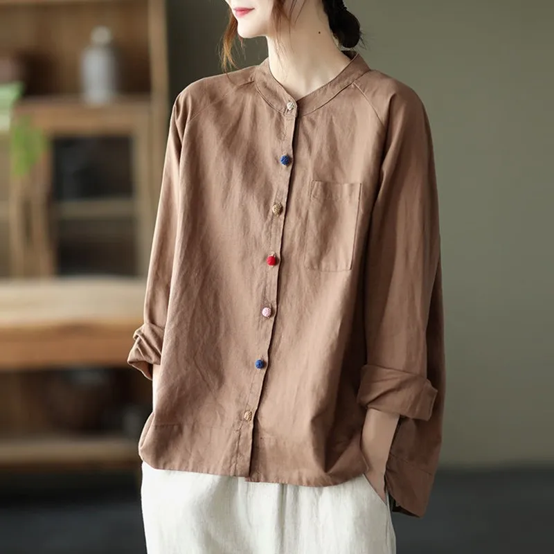 

Women Cotton Linen Casual Shirts New Arrival 2022 Spring Art Style Vintage Solid Color Loose Female Long Sleeve Tops B1573
