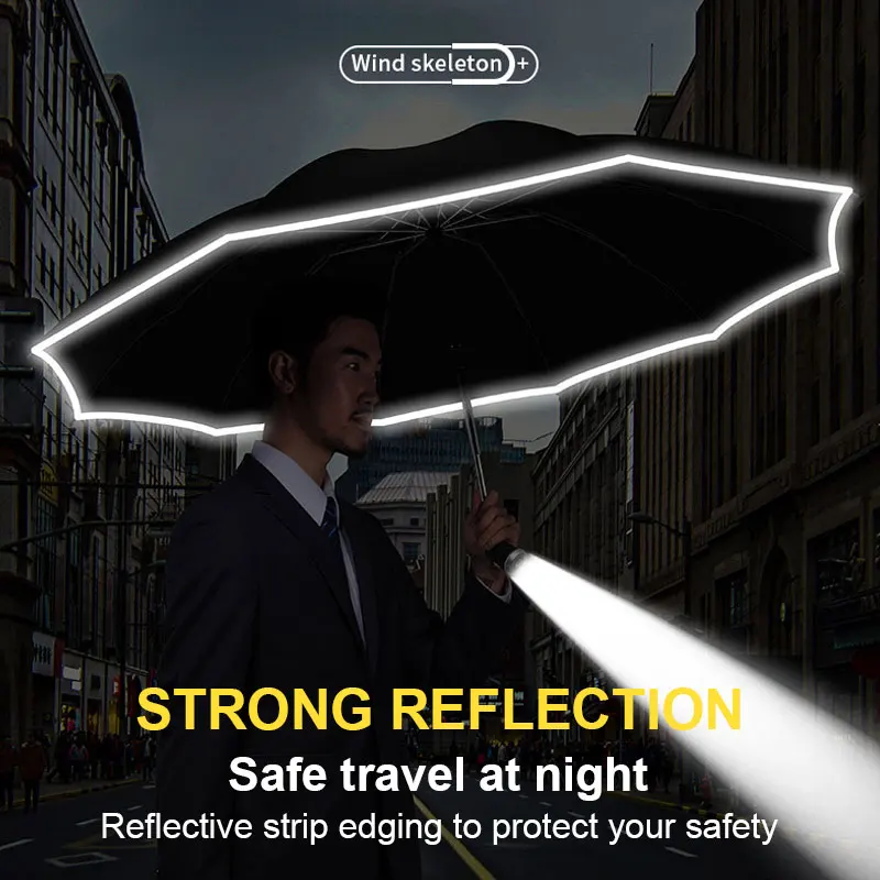 

Windproof Automatic Umbrella With LED Flashlight Reflective Stripe Reverse Light Umbrellas Rain Men Women Large Folding Parasol