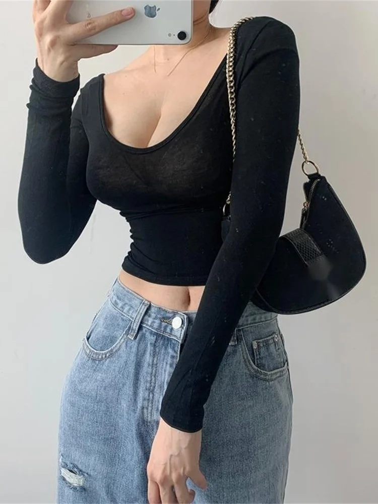 

New Round Transparent Neck Korean Big Bust Solid Color Perspective Mesh Thin Basic Elasticity Long Sleeve T-shirt Tops Tees Q88V