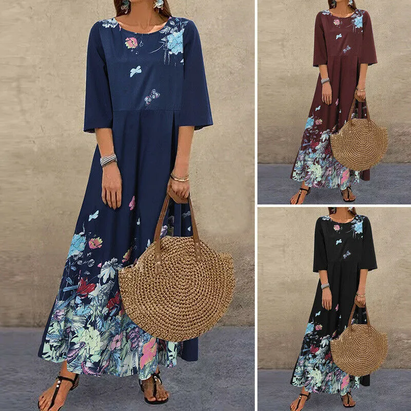 

Summer 2023 New Round Neck Short Sleeve Booking Print Long Dress Casual Dress
