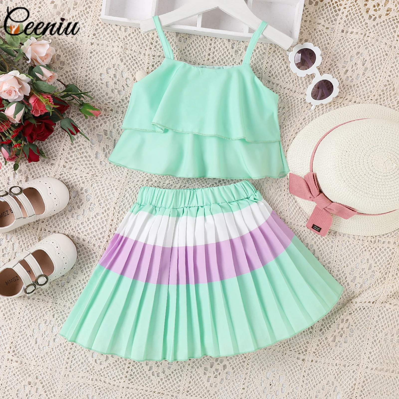 

Ceeniu 4-7Y Toddler Girls Outfits Sets Spaghetti-Strap Ruffles Top and Pleated Skirts 2pcs Summer Girl Skirts Sets