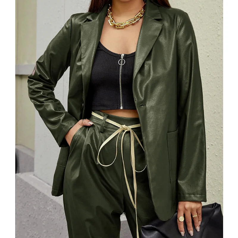 

Temperament Man-made PU Leather Suit Jacket Loose Casual Notched Collar Long-sleeved Women's Suit Jacket Streetwear Coats New