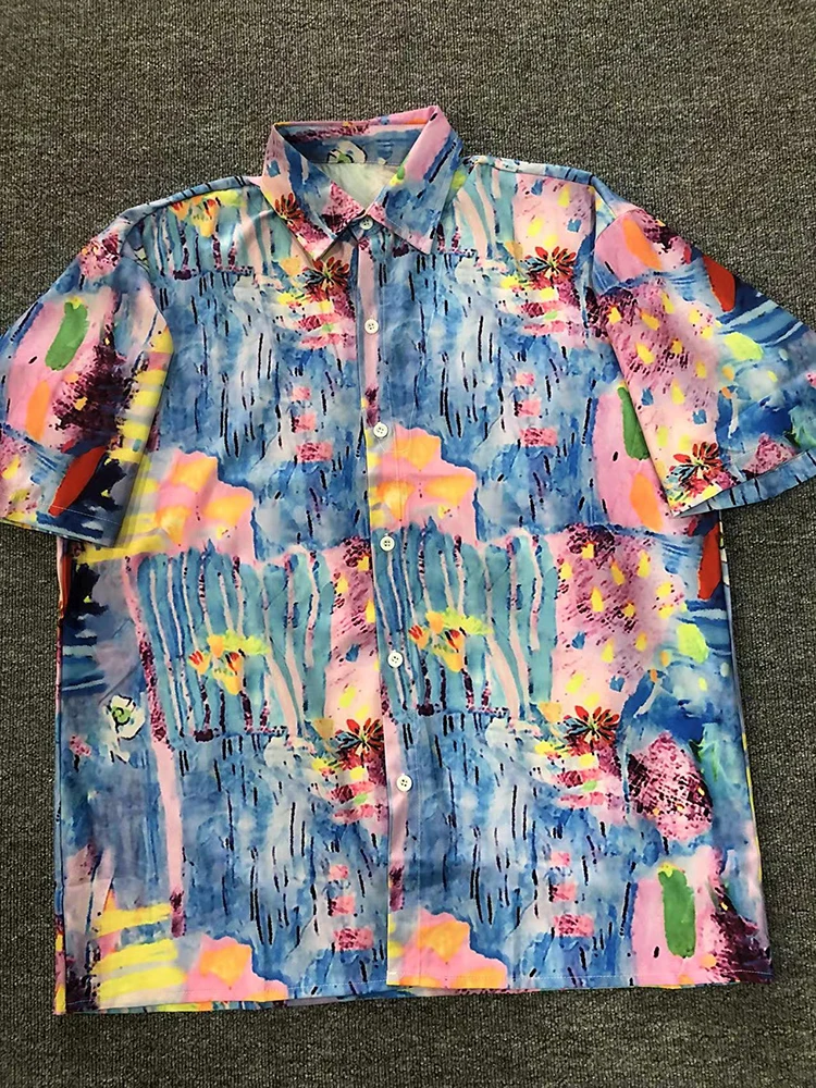 

Dark Icon Colorful Printed Men's Shirts Short Sleeved Chest Pocket Hawaiian Shirts With Turn-down Collar Shirt For Holidays