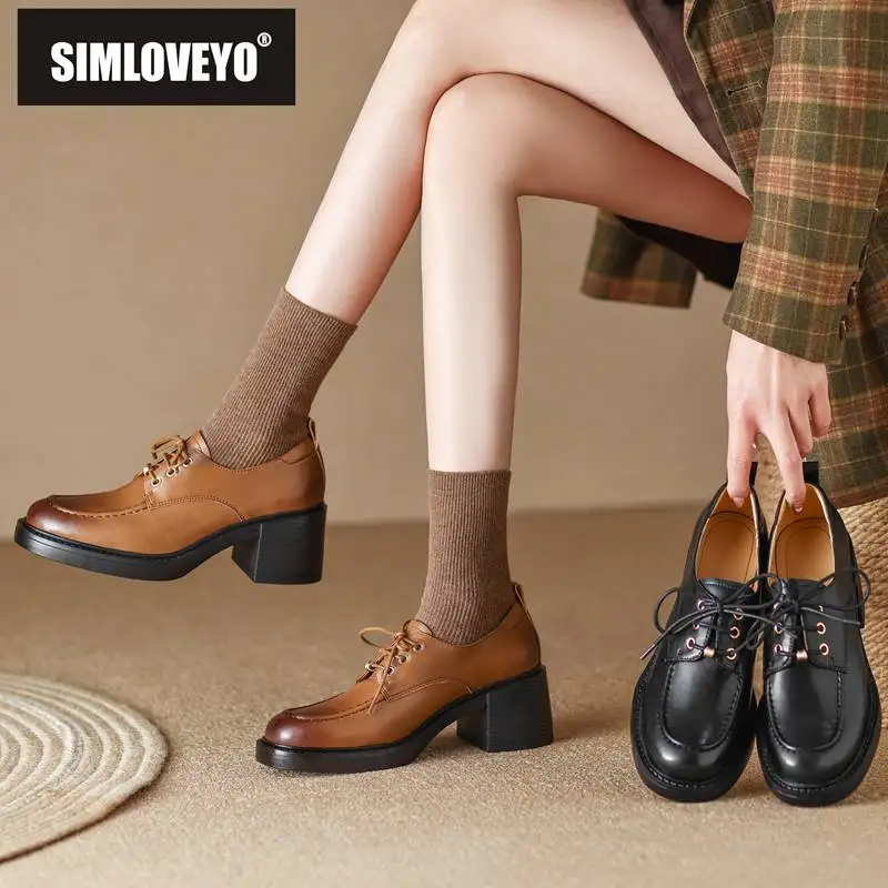 

Женские туфли-лодочки SIMLOVEYO из натуральной кожи с круглым носком на высоком блочном каблуке 6 см шнуровка Ретро школьная форма повседневная женская обувь большой размер 40